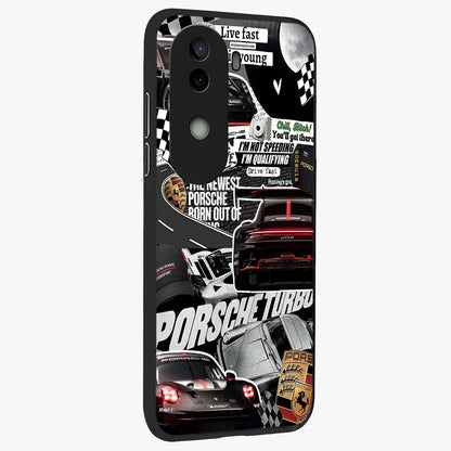 Porsche Racing Collage Glass Case upright view showcasing energetic car collage artwork with high speed racing theme.