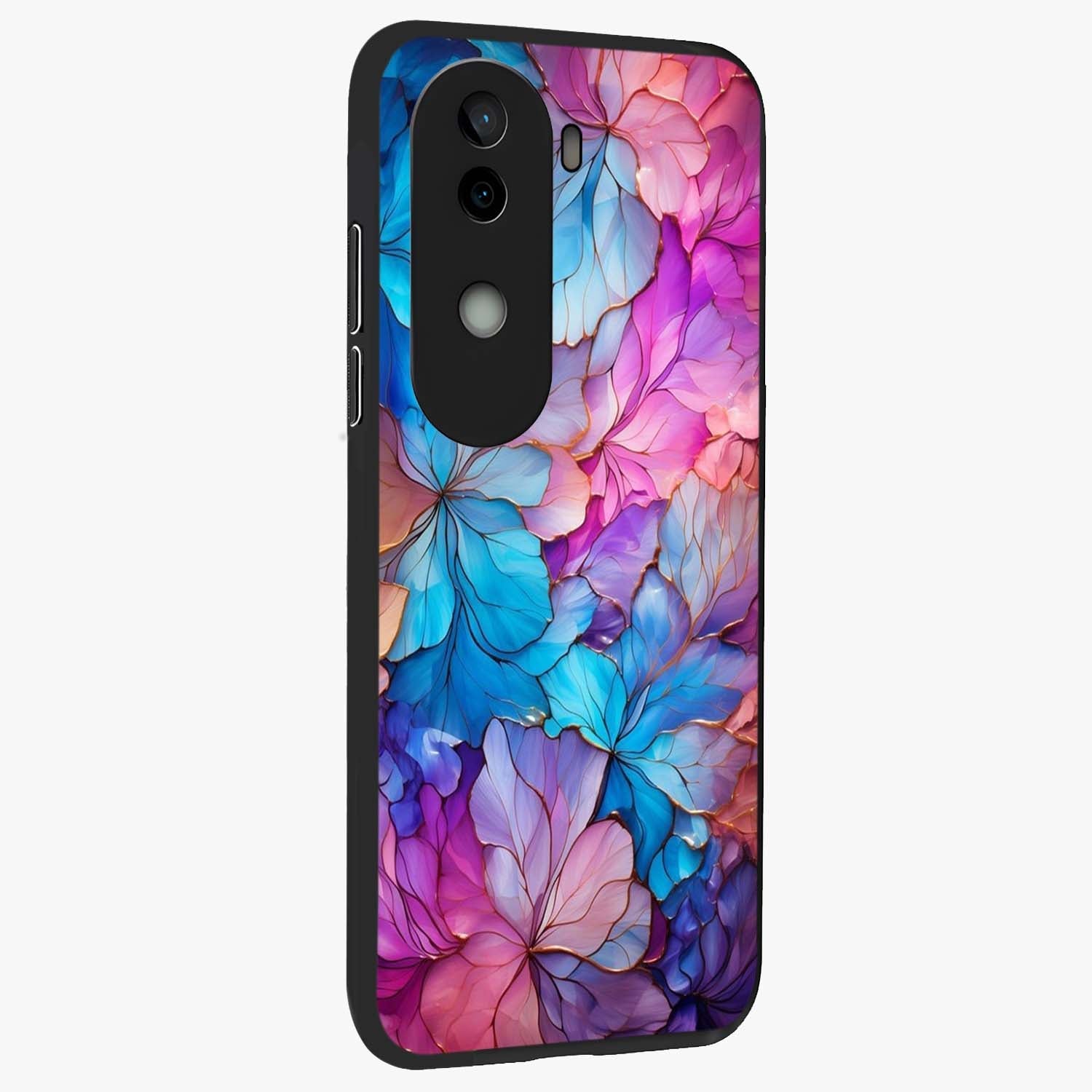 Radiant Floral Whirl Glass Case upright view showcasing lively floral artwork with decorative swirl theme.