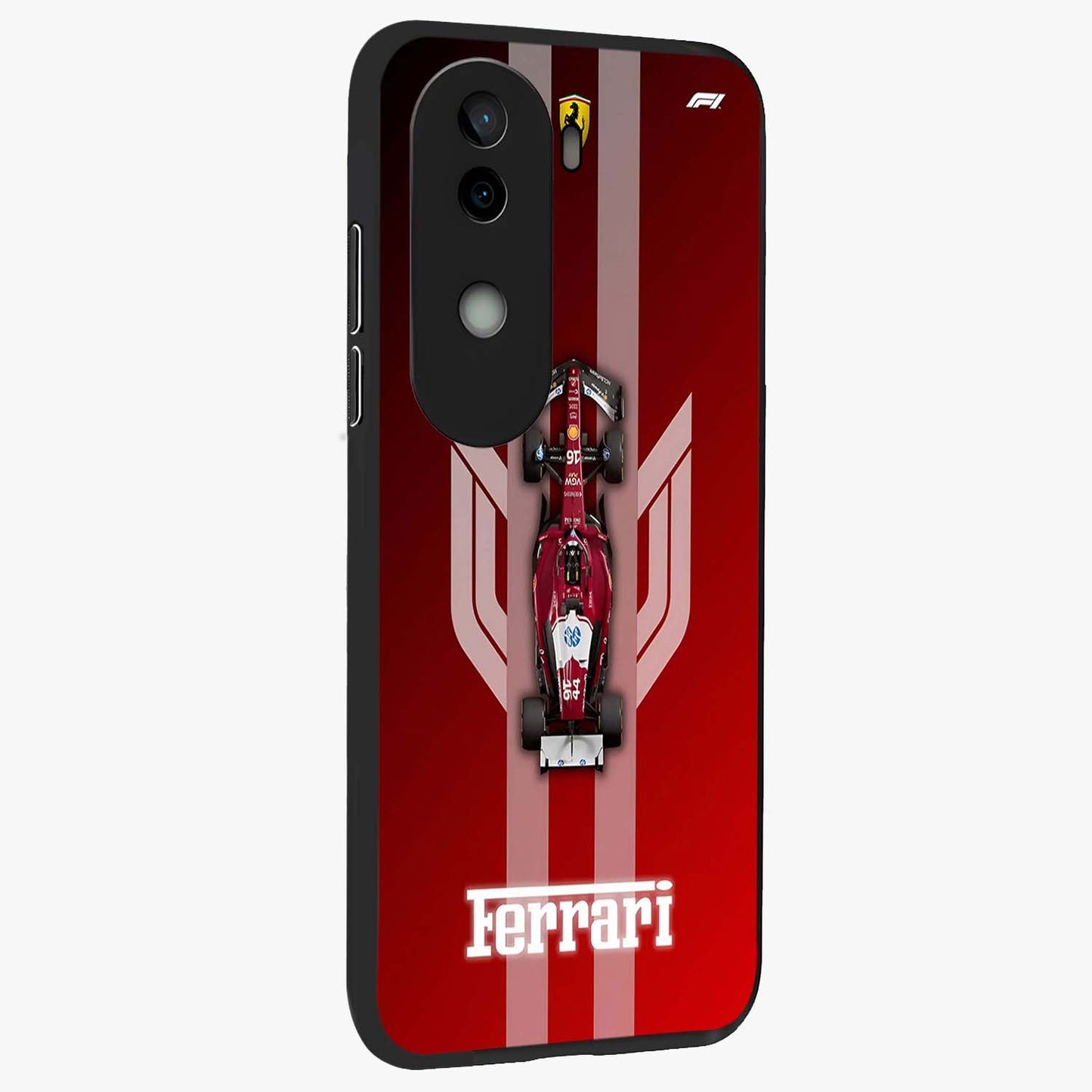 Red Ferrari F1 Vertical Glass Case upright view showcasing powerful Formula car artwork with dynamic motorsport theme.