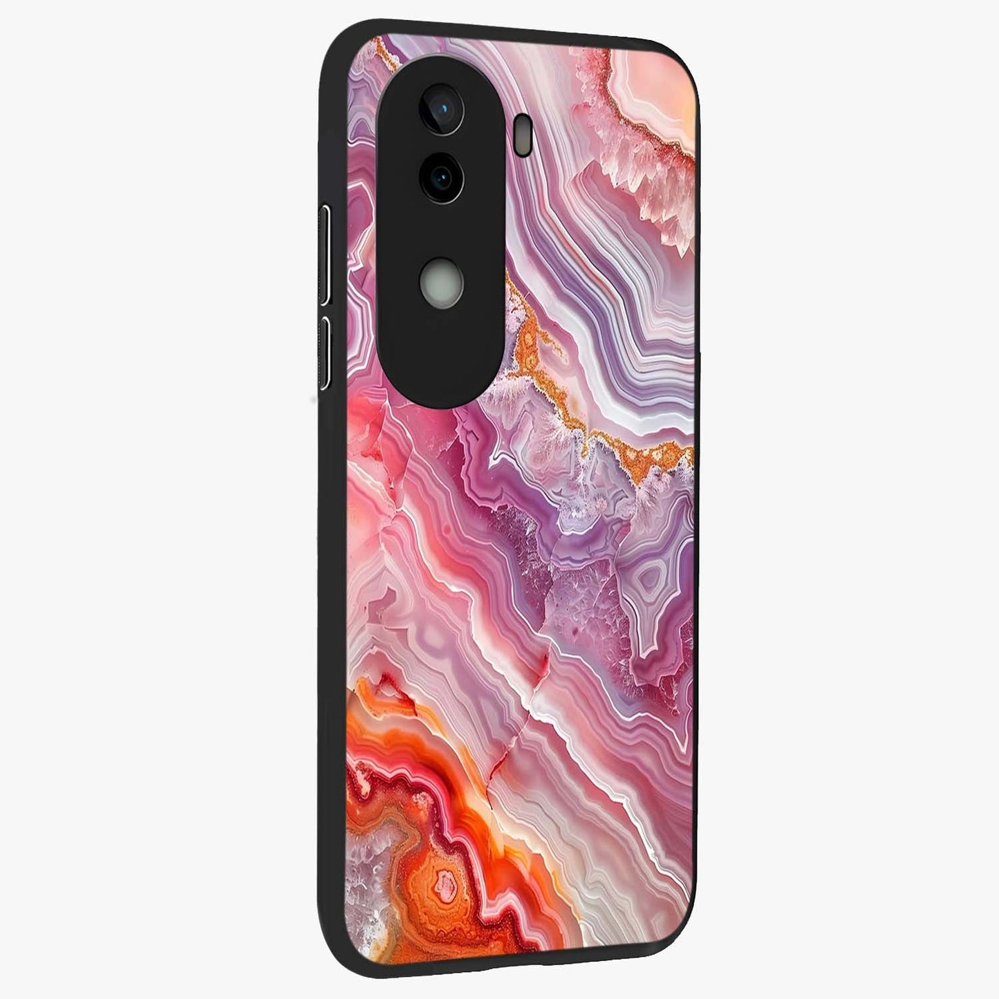 Rose Quartz Marble Glass Case upright view showcasing decorative marble artwork with luxurious pastel theme.