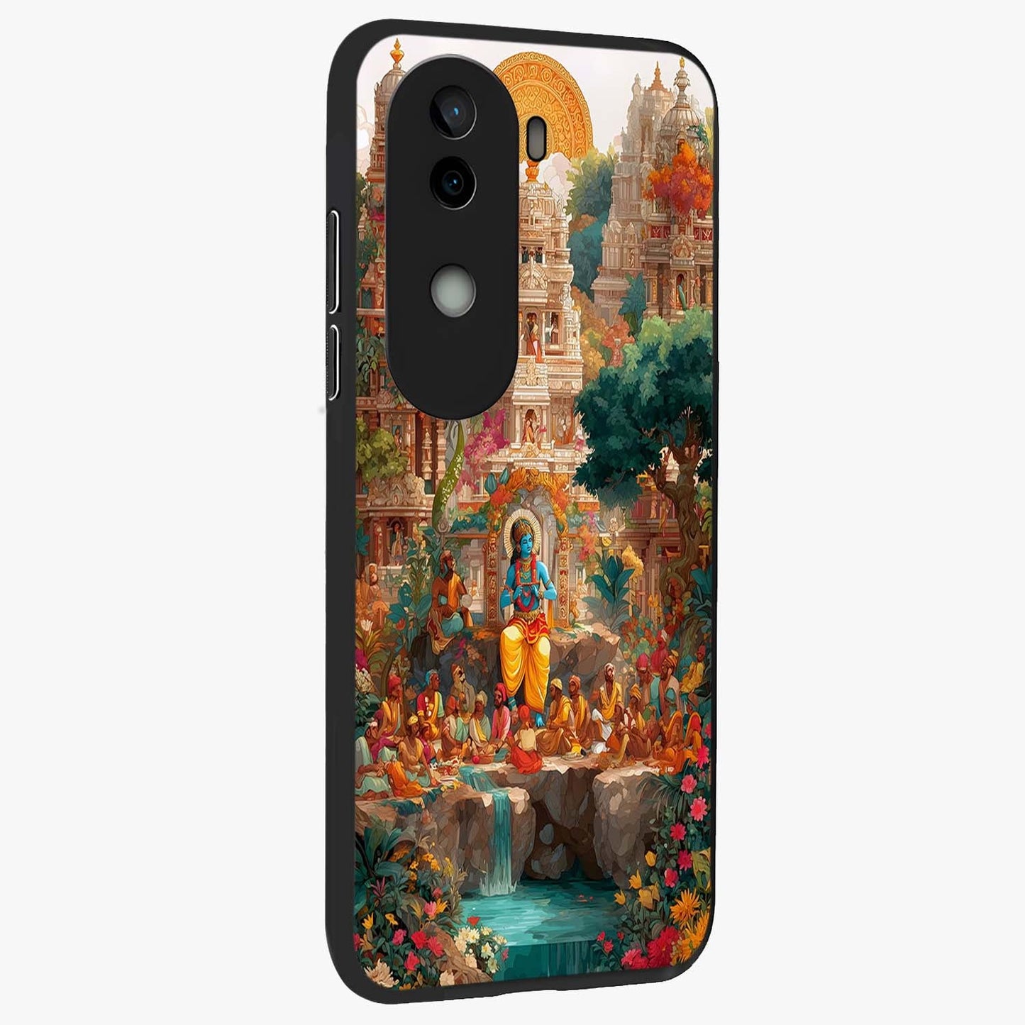 Sacred Sunlight Gods Glass Case upright view showcasing glowing divine artwork with sacred mythological theme.