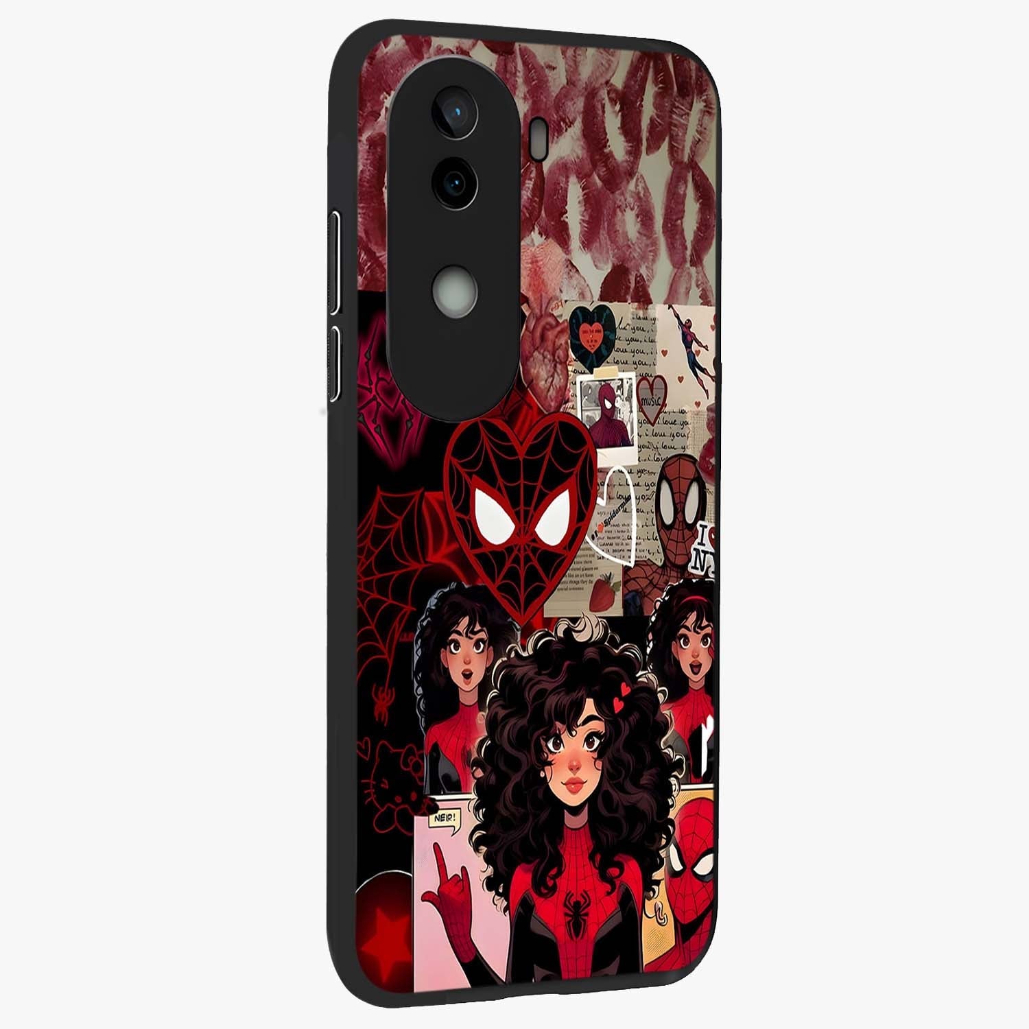 Spider Love Story Glass Case upright view showcasing charming superhero artwork with romantic comic theme.