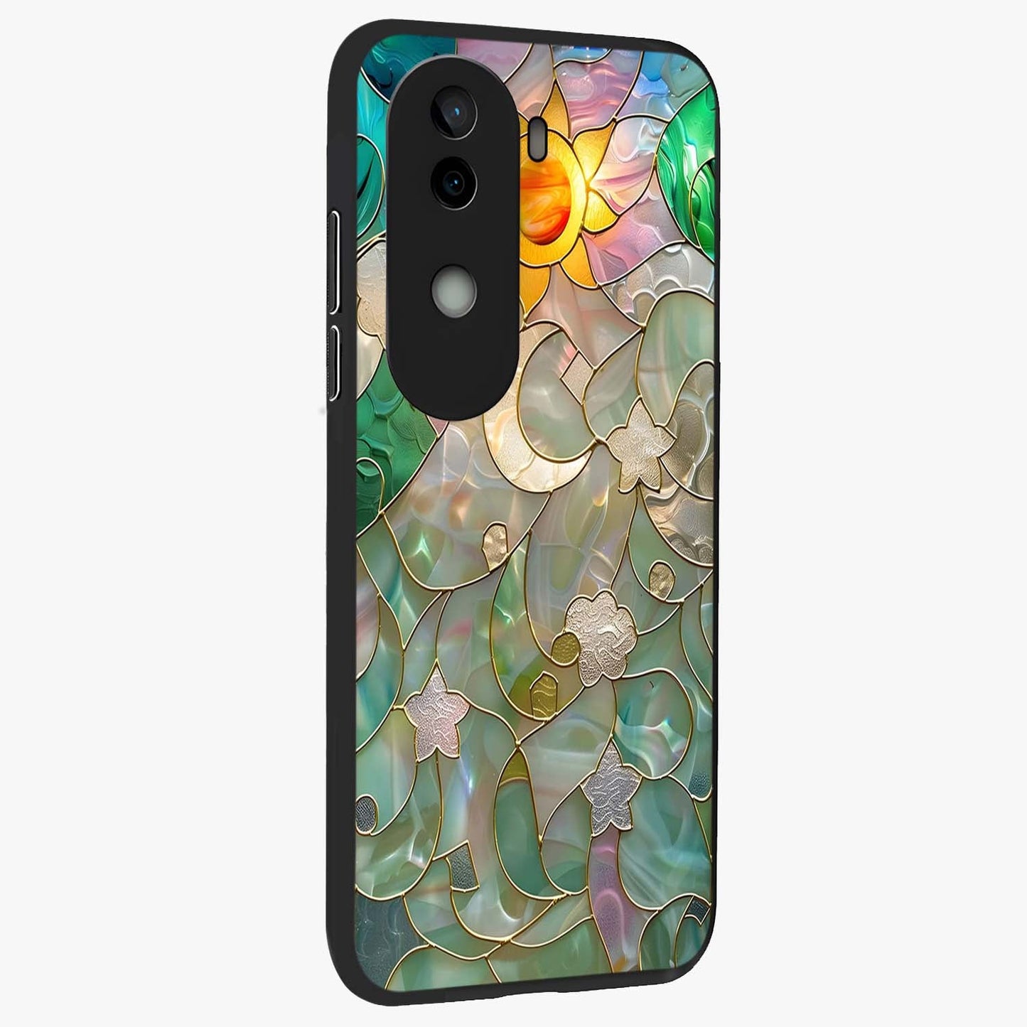 Stained Sunrise Glow Glass Case upright view showcasing colorful sunrise artwork with warm morning theme.
