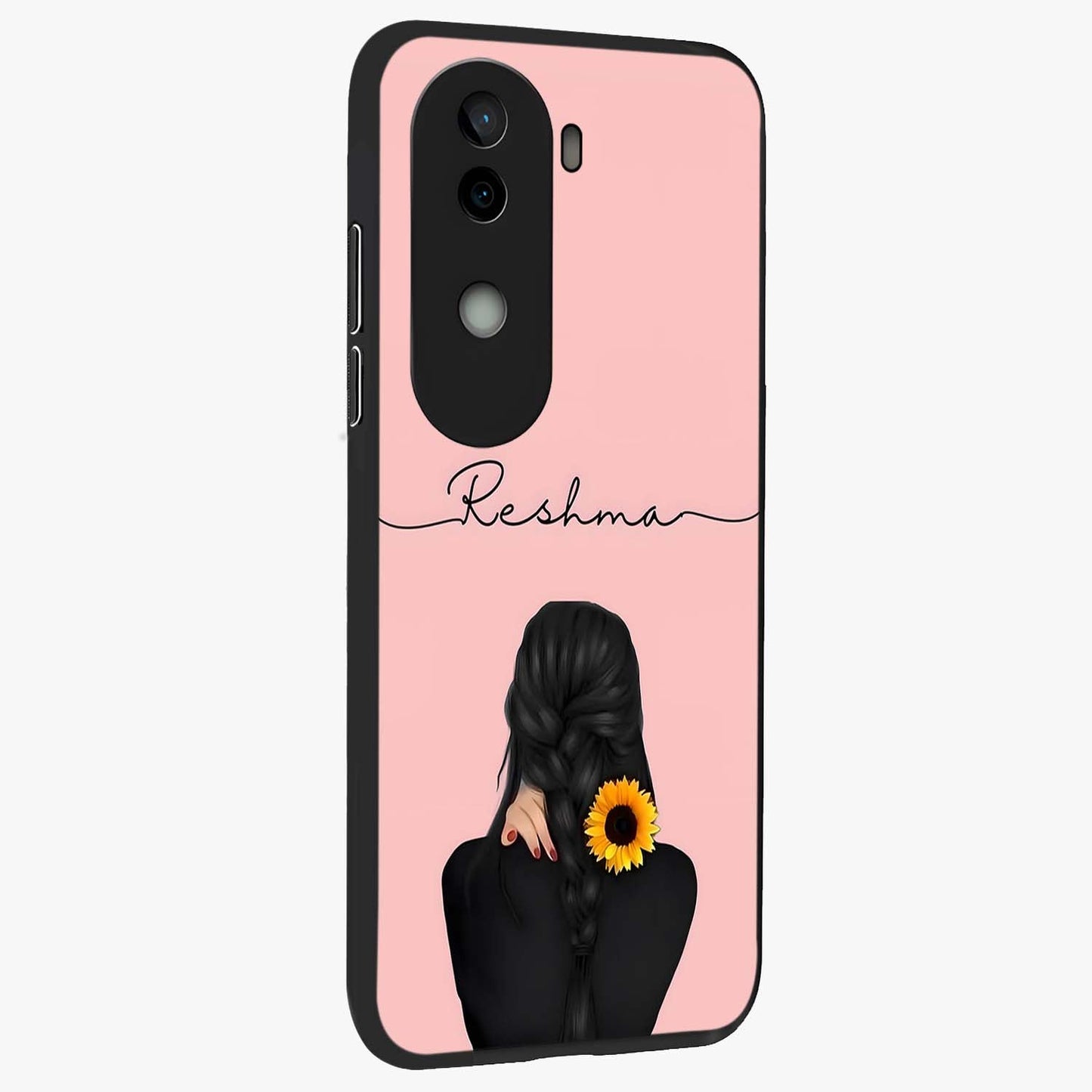 Sunflower Braid Beauty With Custom Name Glass Case upright view showcasing bright sunflower artwork with personalized floral aesthetic.