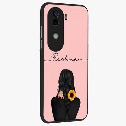 Sunflower Braid Beauty With Custom Name Glass Case upright view showcasing bright sunflower artwork with personalized floral aesthetic.
