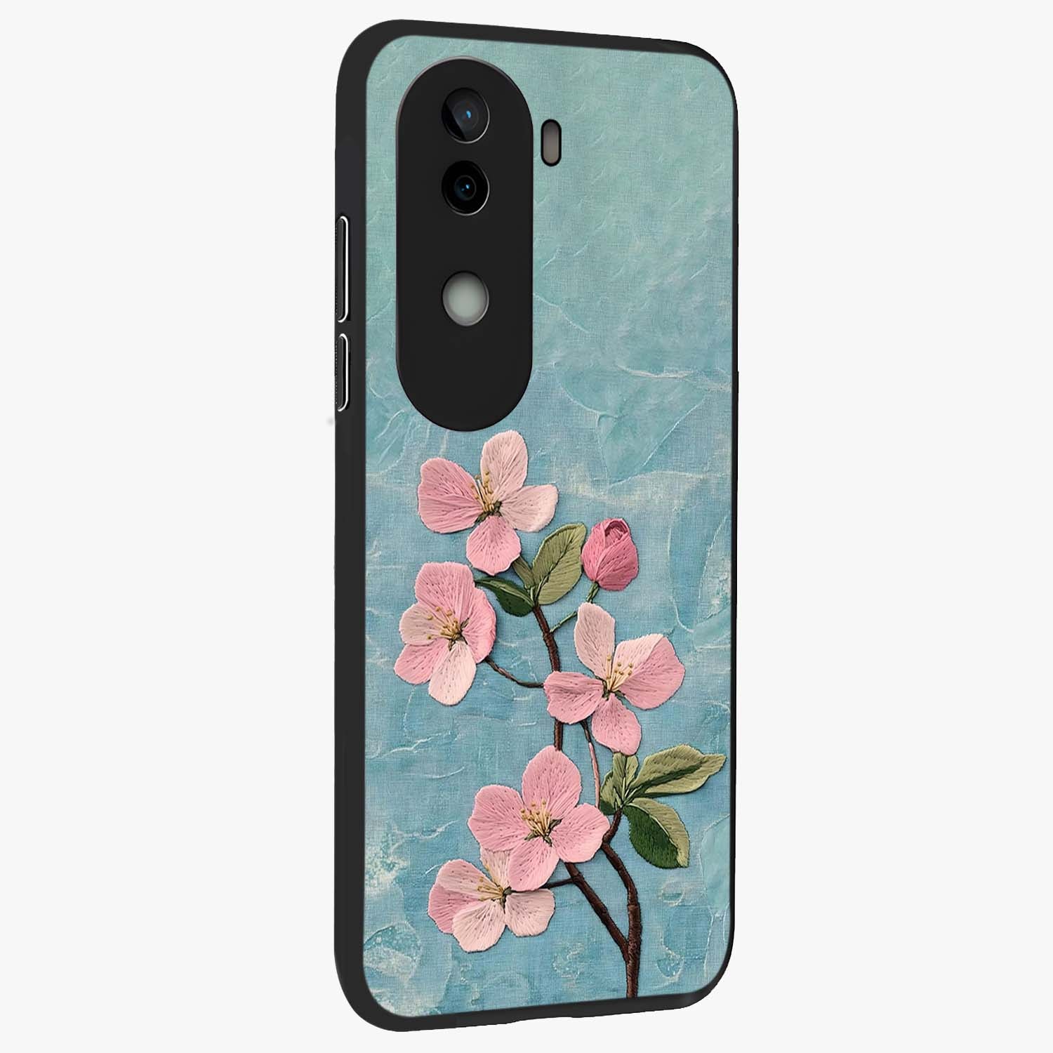 Threaded Blossom Breeze Glass Case upright view showcasing graceful flower artwork with calm botanical theme.