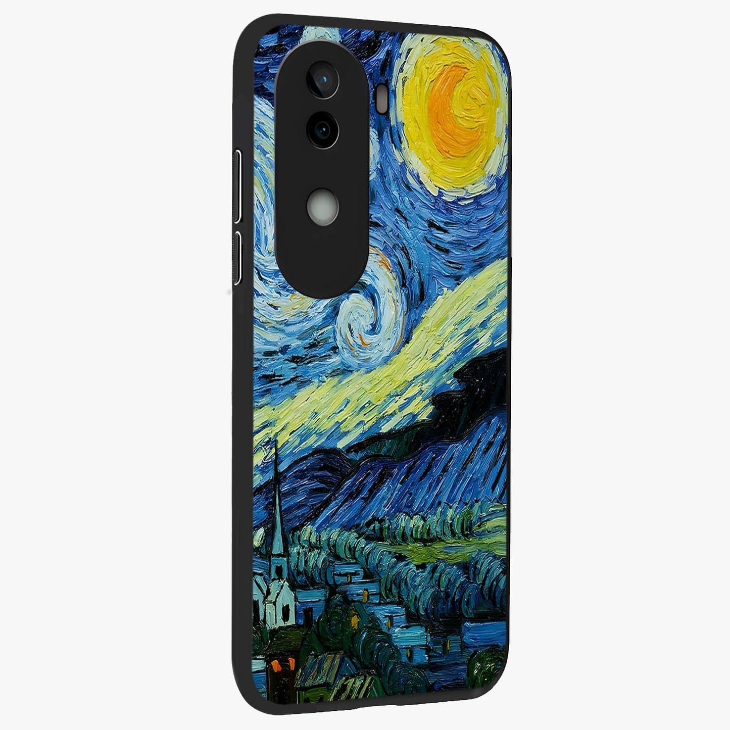 Van Gogh Art Glass Case upright view showcasing expressive painting style artwork with timeless artistic theme.