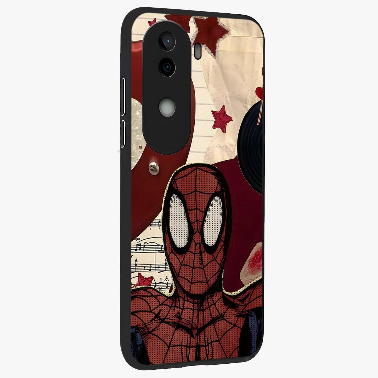 Web Warrior Vibes Glass Case upright view showcasing energetic superhero artwork with bold action theme.