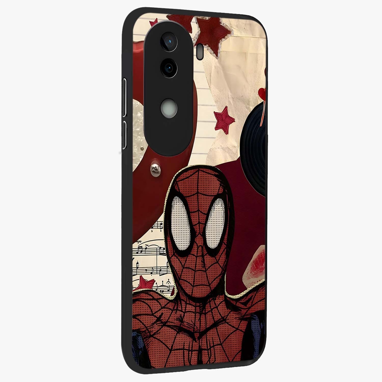 Web Warrior Vibes Glass Case upright view showcasing energetic superhero artwork with bold action theme.