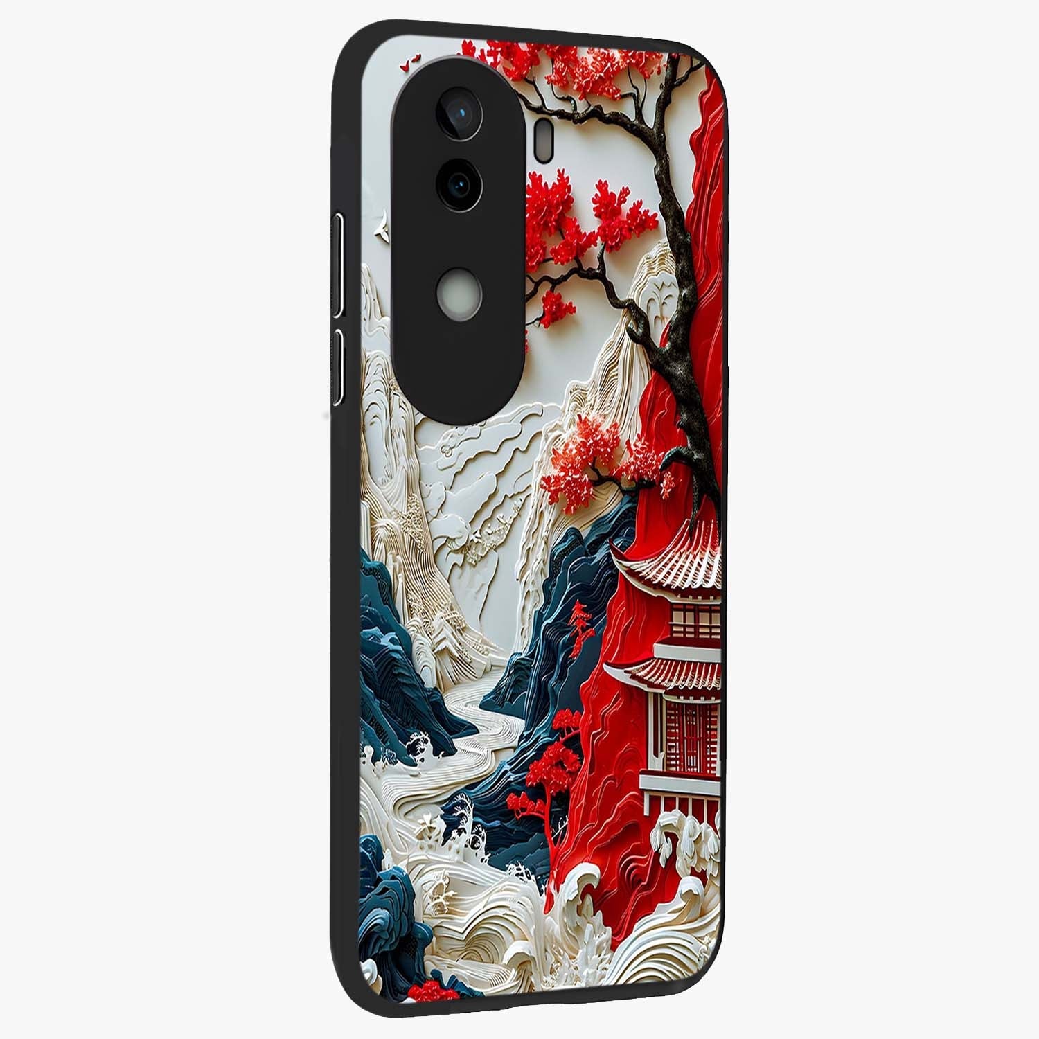 Whispers Of Sakura Waves Glass Case upright view showcasing delicate cherry blossom artwork with elegant nature theme.