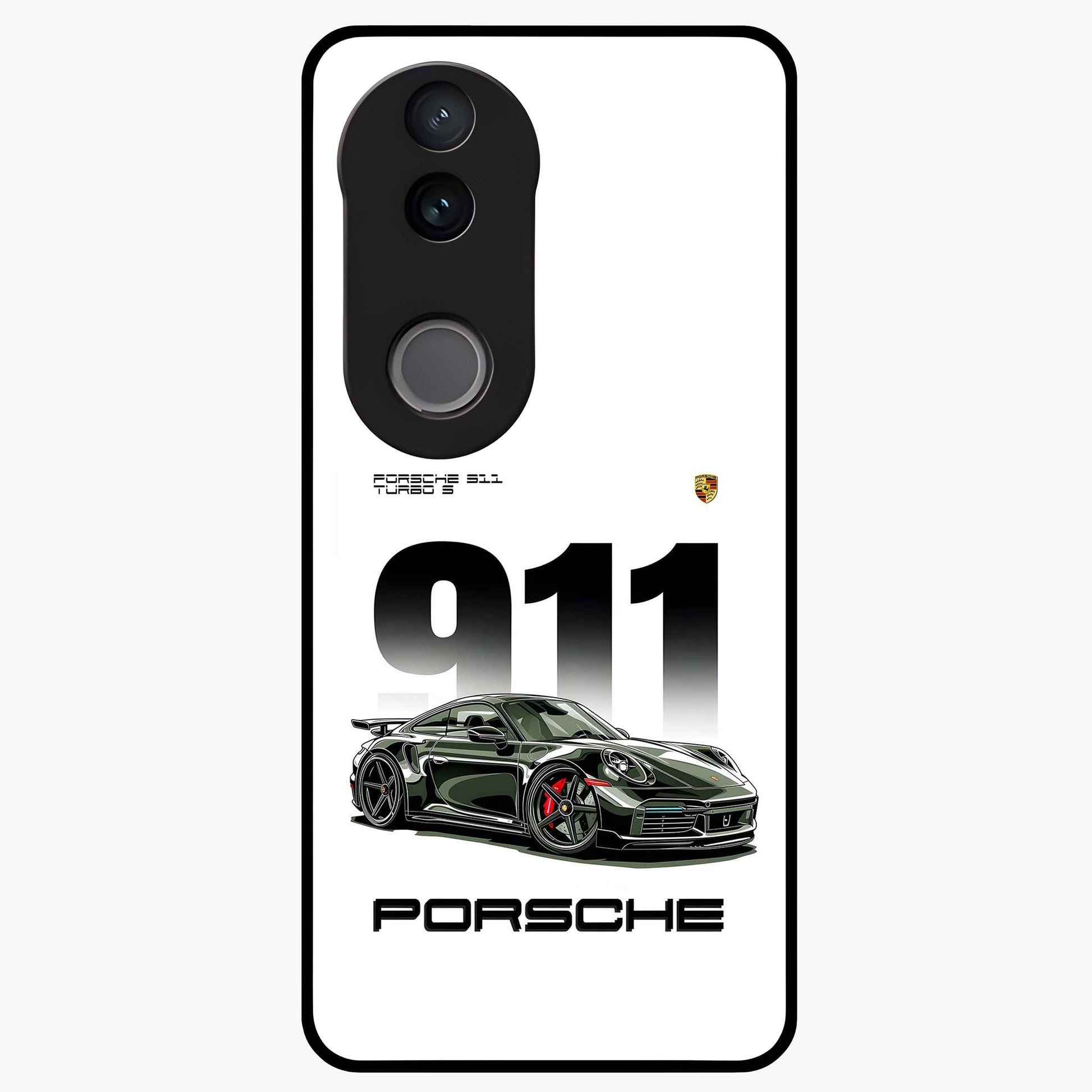 911 Turbo Dominance Glass Case showing clean flat back view with bold 911 sports car artwork and glossy glass finish.