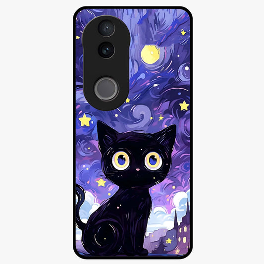 Abstract Cat Art Glass Case showing flat back view with artistic cat illustration and glossy glass finish.