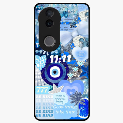 Aesthetic Be Kind Eye Glass Case showing flat back view with motivational eye artwork and glossy glass finish.