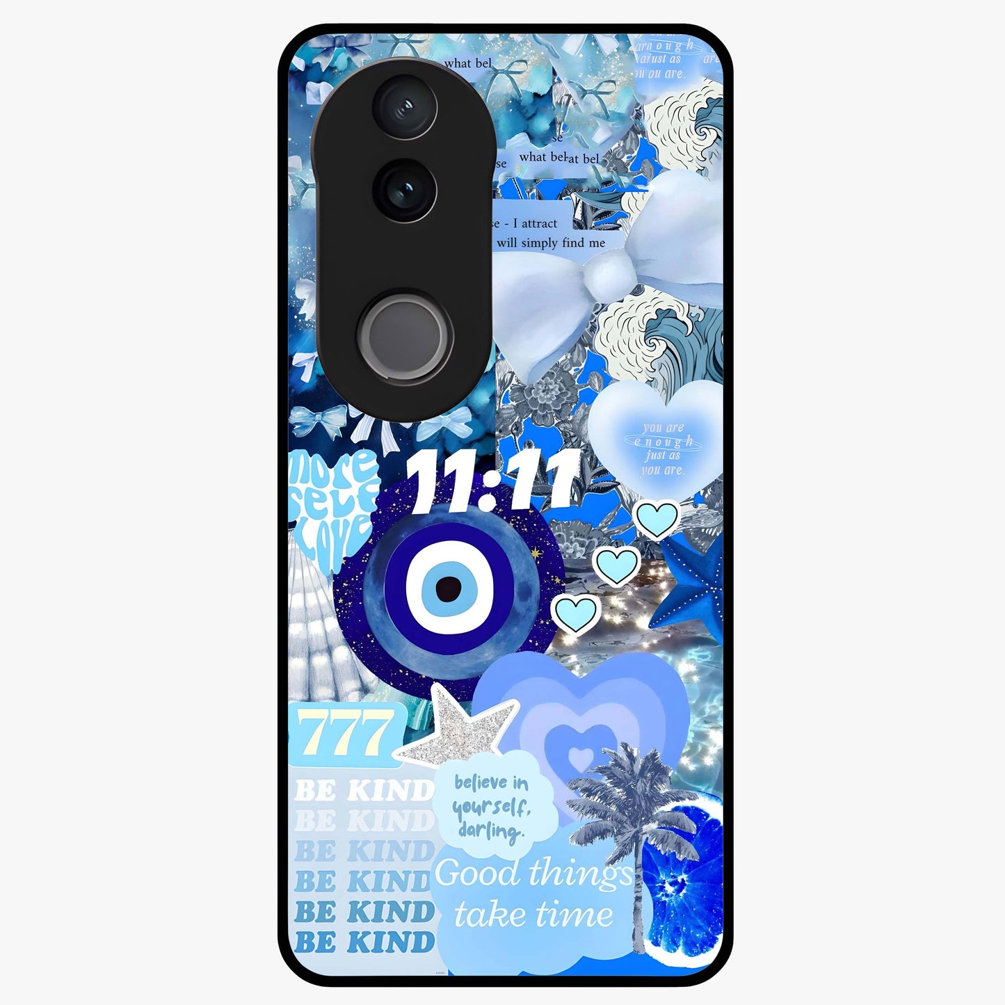 Aesthetic Be Kind Eye Glass Case showing flat back view with motivational eye artwork and glossy glass finish.