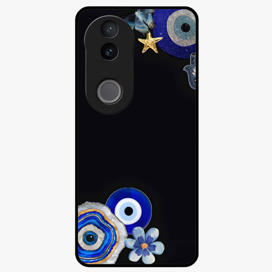 Aesthetic Blue Evil Eye Glass Case showing flat back view with protective evil eye artwork and glossy glass finish.