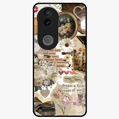 Aesthetic Brown Vintage Collage Glass Case showing flat back view with retro collage artwork and glossy glass finish.