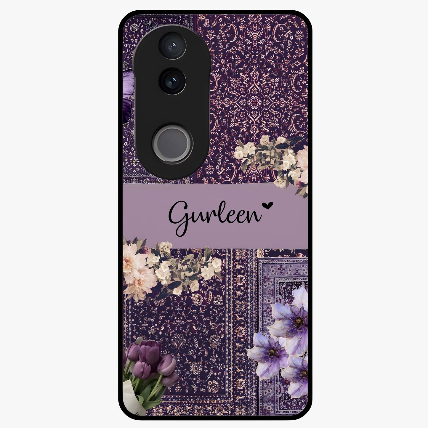 Antique Floral Whisper Custom Name Glass Case showing flat back view with vintage floral artwork and personalized name design.