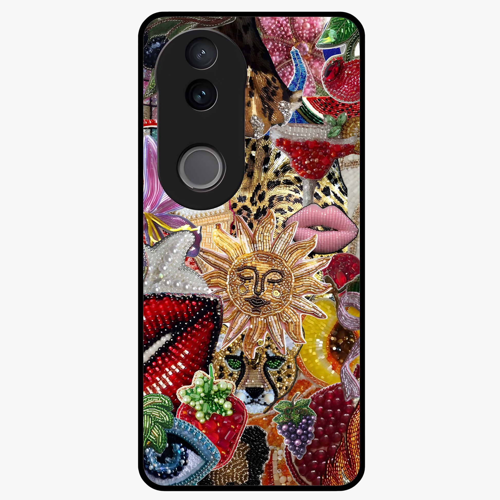 Beaded Fashion Jungle Glass Case showing flat back view with vibrant jungle inspired bead artwork and glossy glass finish.