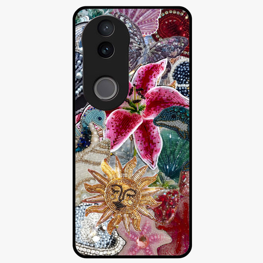 Beaded Garden Fantasy Glass Case showing flat back view with dreamy garden bead artwork and glossy glass finish.