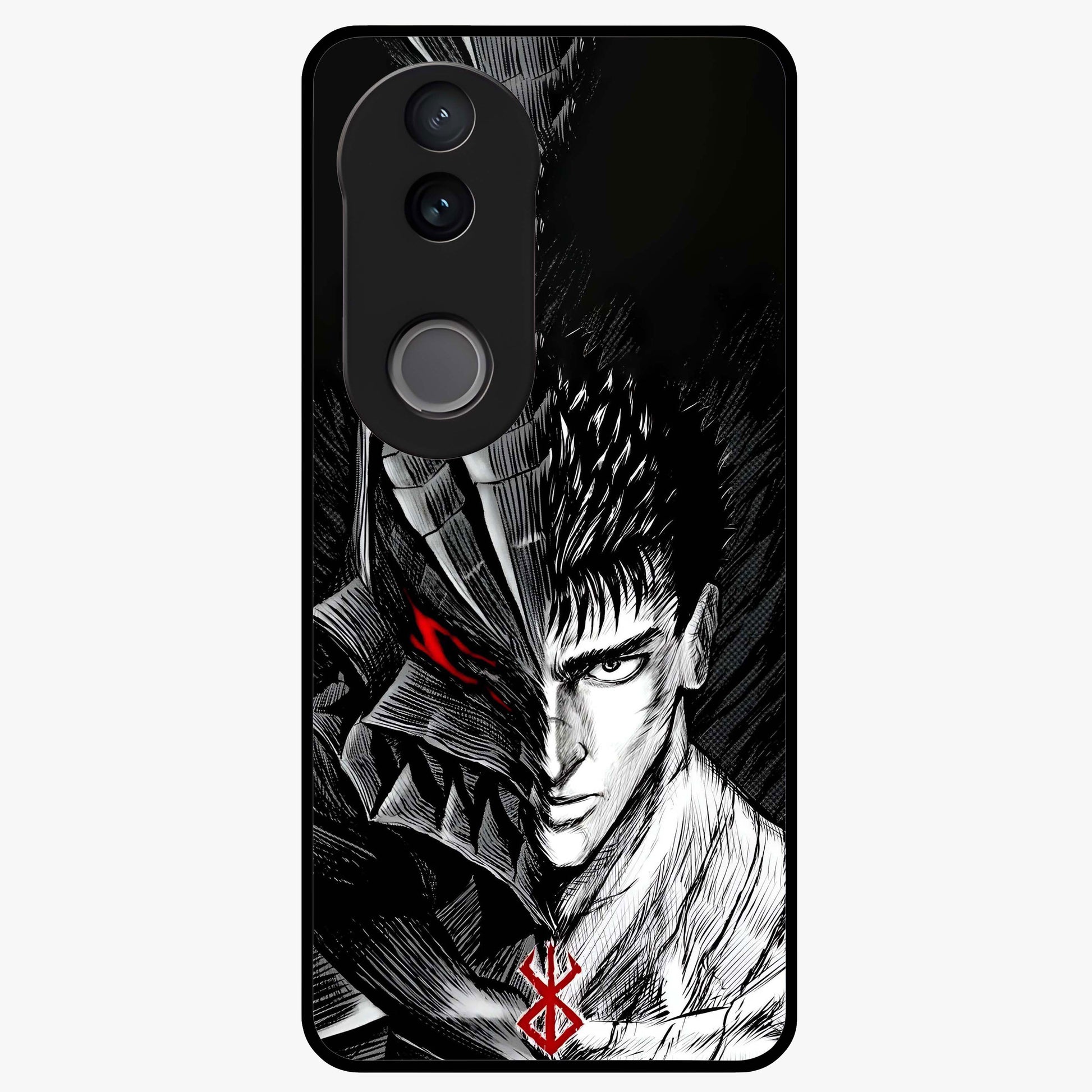 Berserker Blood Oath Glass Case showing flat back view with fierce warrior inspired artwork and glossy glass finish.
