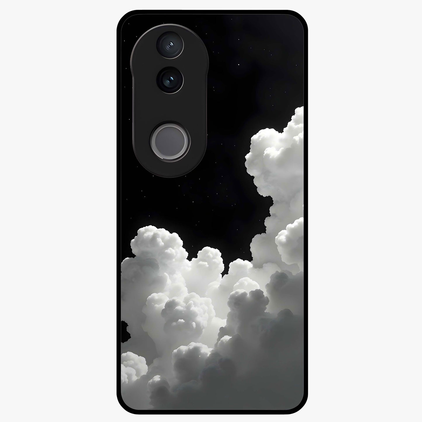 Black Background With White Cloud Glass Case showing flat back view with minimal cloud artwork on dark background and glossy glass finish.