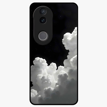 Black Background With White Cloud Glass Case showing flat back view with minimal cloud artwork on dark background and glossy glass finish.