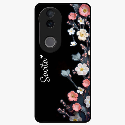 Black Elegance Floral Custom Name Glass Case showing flat back view with elegant floral artwork and personalized name design.