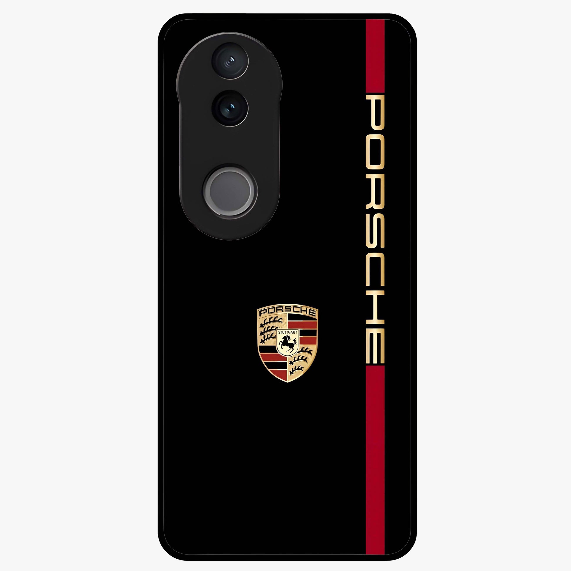Black Minimal Porsche Glass Case showing flat back view with sleek minimal sports car artwork and glossy glass finish.
