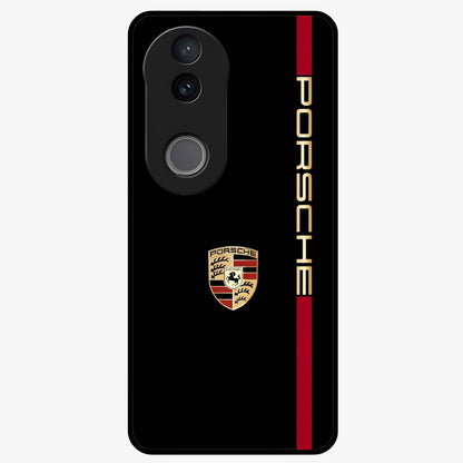 Black Minimal Porsche Glass Case showing flat back view with sleek minimal sports car artwork and glossy glass finish.