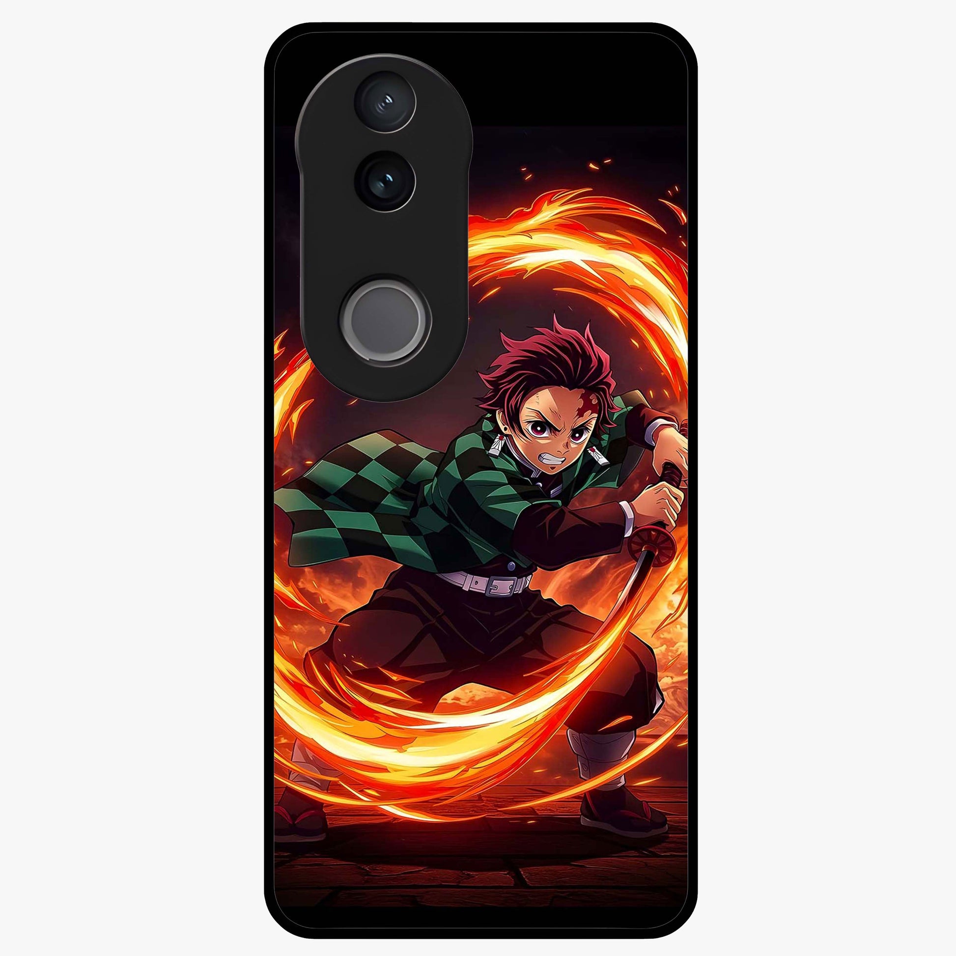 Blazing Sword Resolve Glass Case showing flat back view with fiery sword artwork and glossy glass finish.