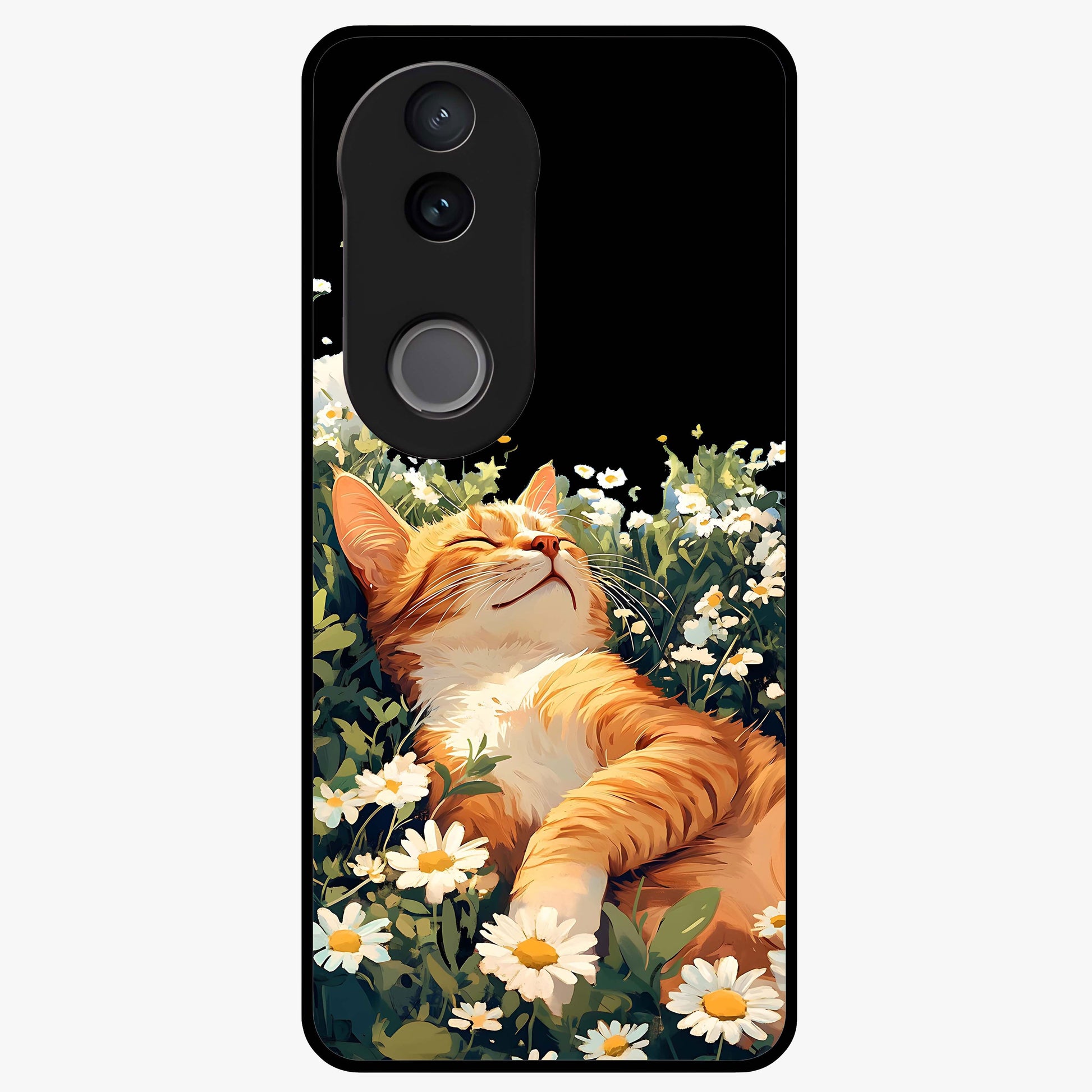 Blissful Bloom Cat Glass Case showing flat back view with cute cat and floral bloom artwork and glossy glass finish.