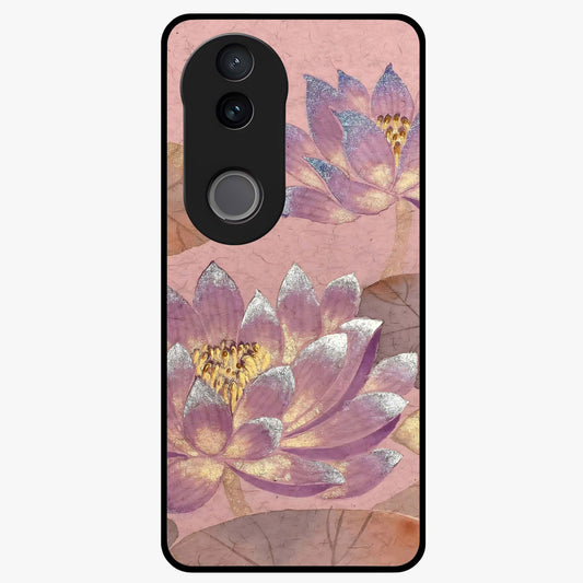 Blossom Mist Lotus Glass Case showing flat back view with serene lotus blossom artwork and glossy glass finish.