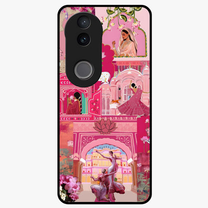 Blossoms of Rajasthan Glass Case showing flat back view with traditional floral artwork inspired by Rajasthan and glossy glass finish.