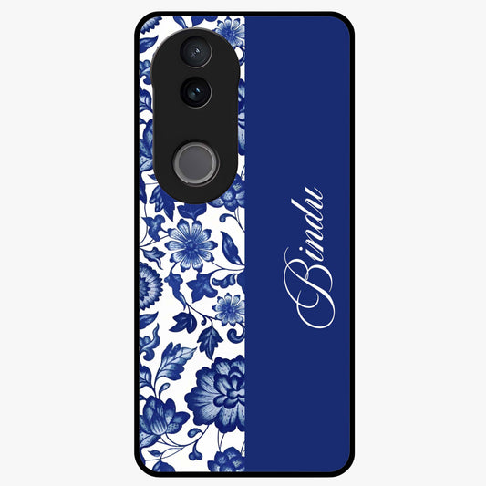 Blue Vintage Floral Pattern Glass Case upright view showcasing timeless floral illustration with vintage inspired style.