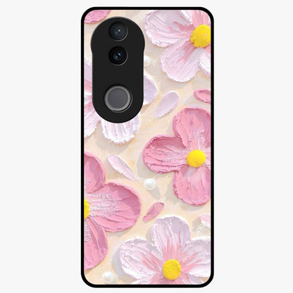 Blush Bloom Texture Glass Case showing flat back view with soft blush floral texture artwork and glossy glass finish.