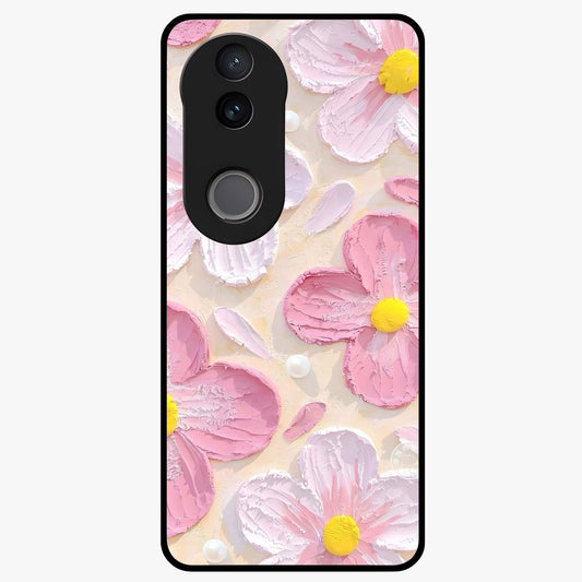 Blush Bloom Texture Glass Case showing flat back view with soft blush floral texture artwork and glossy glass finish.