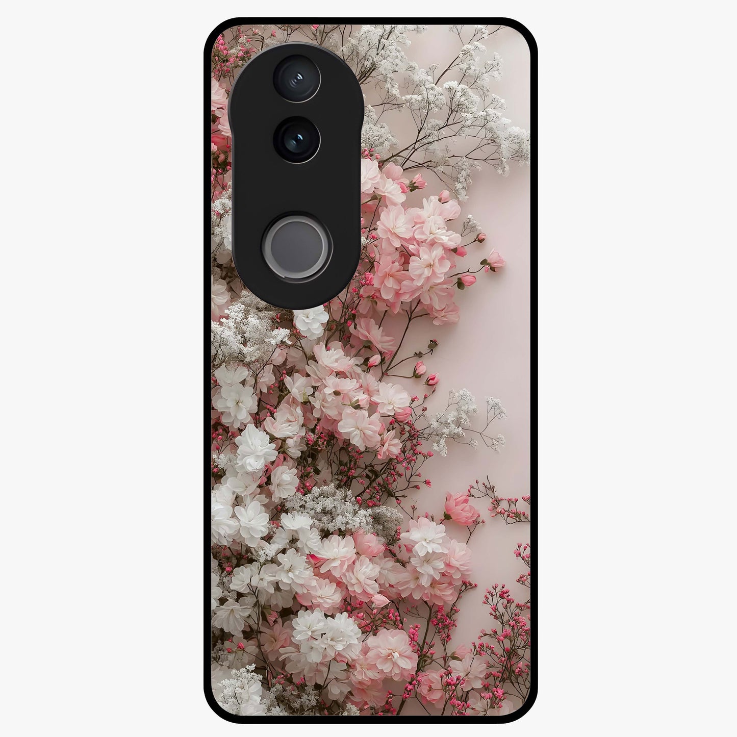 Blush Blossom Cloud Glass Case showing flat back view with dreamy blush cloud blossom artwork and glossy glass finish.