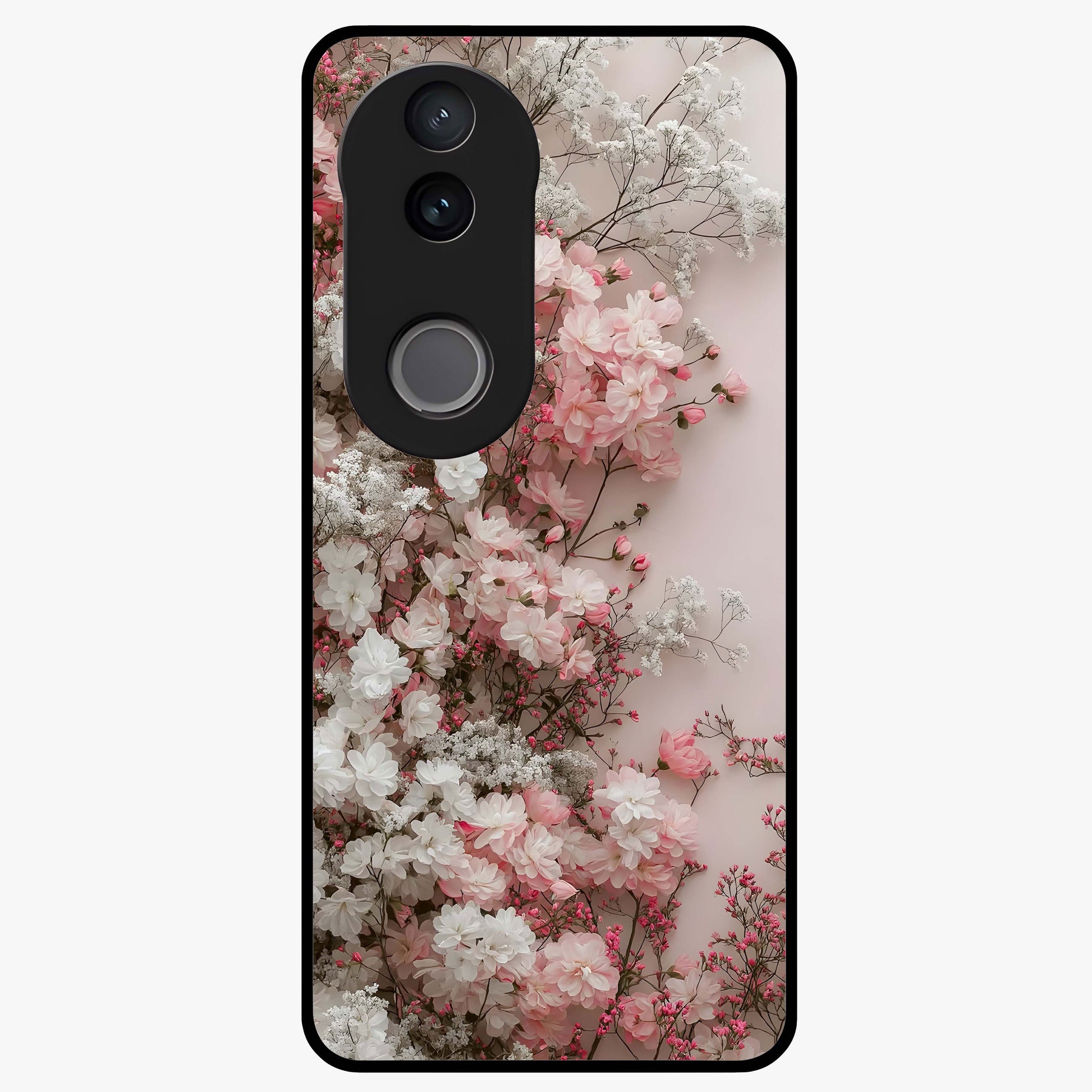 Blush Blossom Cloud Glass Case showing flat back view with dreamy blush cloud blossom artwork and glossy glass finish.