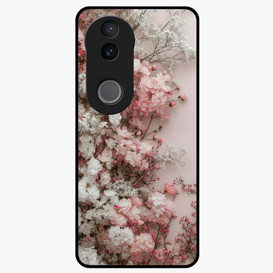 Blush Blossom Cloud Glass Case showing flat back view with dreamy blush cloud blossom artwork and glossy glass finish.