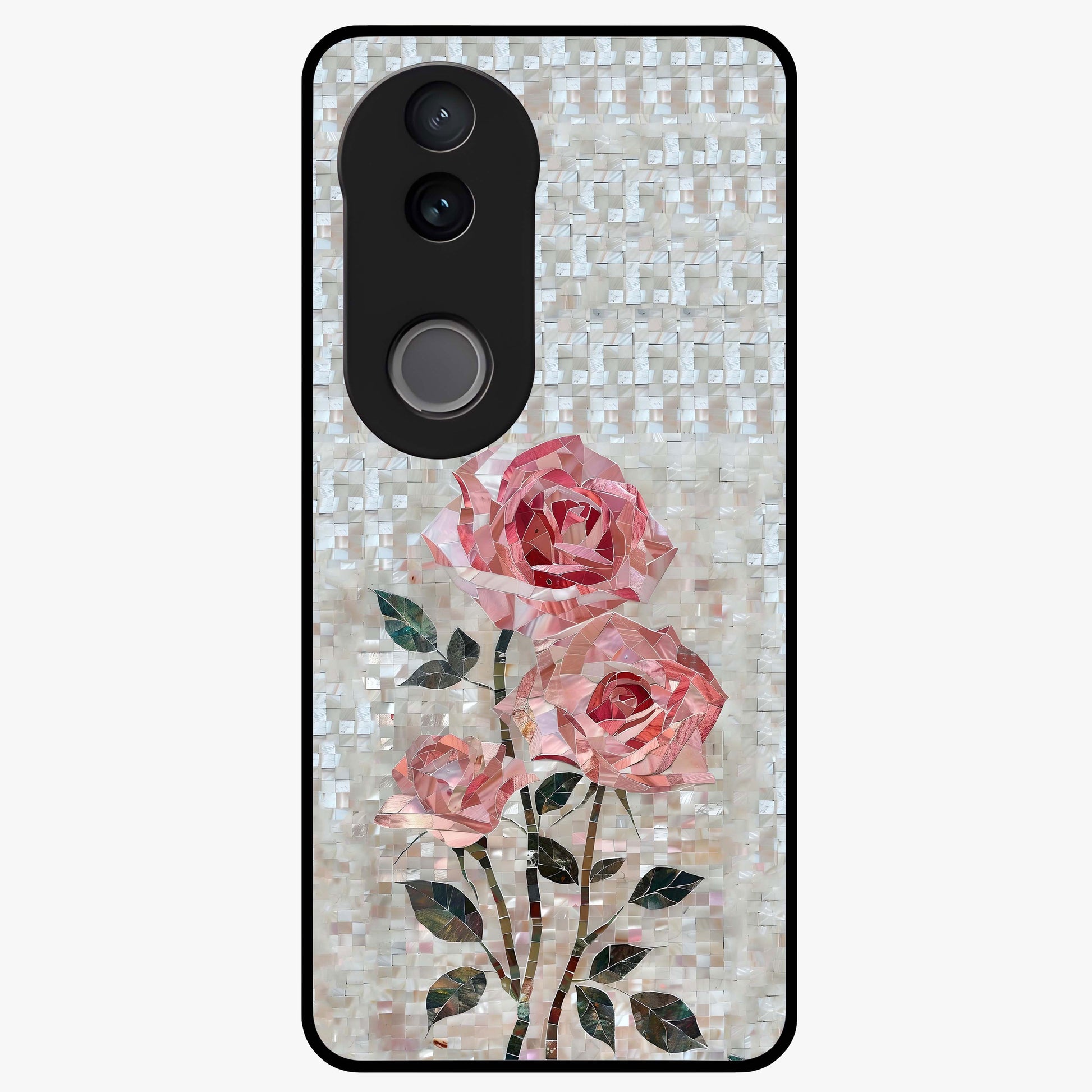 Blush Mosaic Bloom Glass Case showing flat back view with mosaic floral bloom artwork and glossy glass finish.