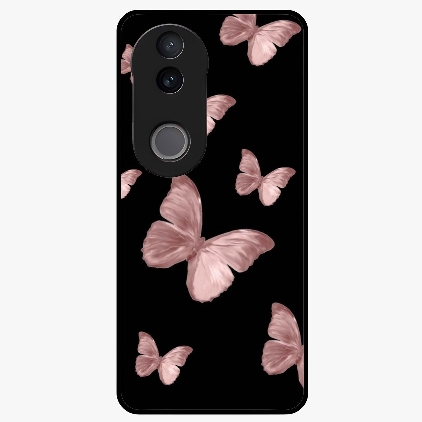 Butterfly Pattern Glass Case showing flat back view with elegant butterfly pattern artwork and glossy glass finish.