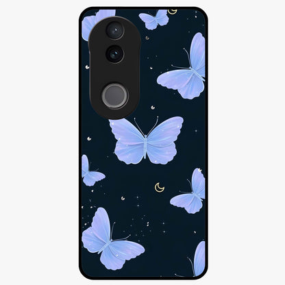 Butterfly With Stars Pattern Glass Case showing flat back view with butterfly and star pattern artwork and glossy glass finish.