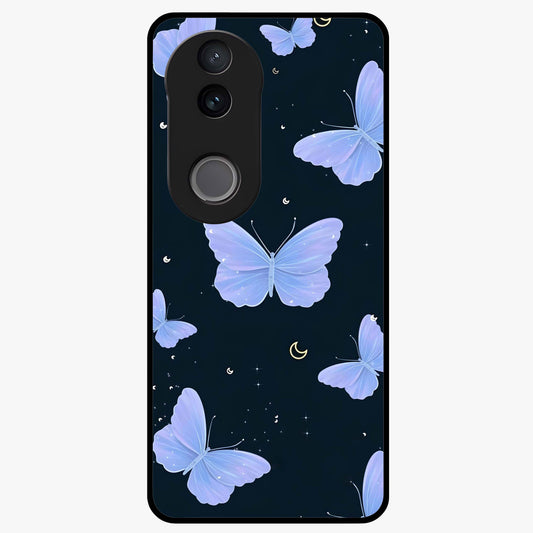Butterfly With Stars Pattern Glass Case showing flat back view with butterfly and star pattern artwork and glossy glass finish.