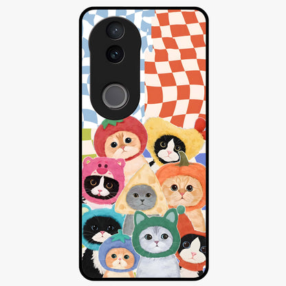 Cats in Fruits Glass Case showing flat back view with playful cat illustrations inside fruit artwork and glossy glass finish.