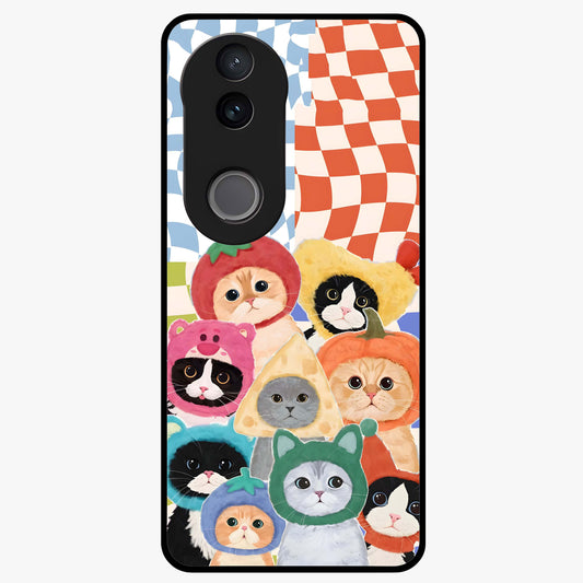Cats in Fruits Glass Case showing flat back view with playful cat illustrations inside fruit artwork and glossy glass finish.