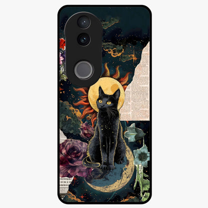 Celestial Black Cat Glass Case showing flat back view with mystical black cat artwork and glossy glass finish.