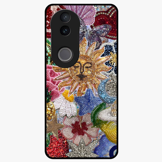 Celestial Floral and Playful Glass Case showing flat back view with floral and celestial themed artwork and glossy glass finish.