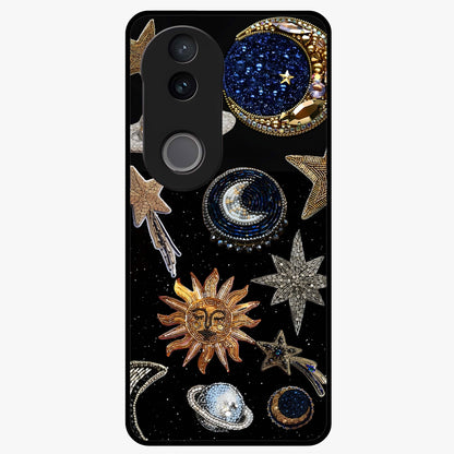 Celestial Gem Constellations Glass Case showing flat back view with sparkling constellation artwork and glossy glass finish.