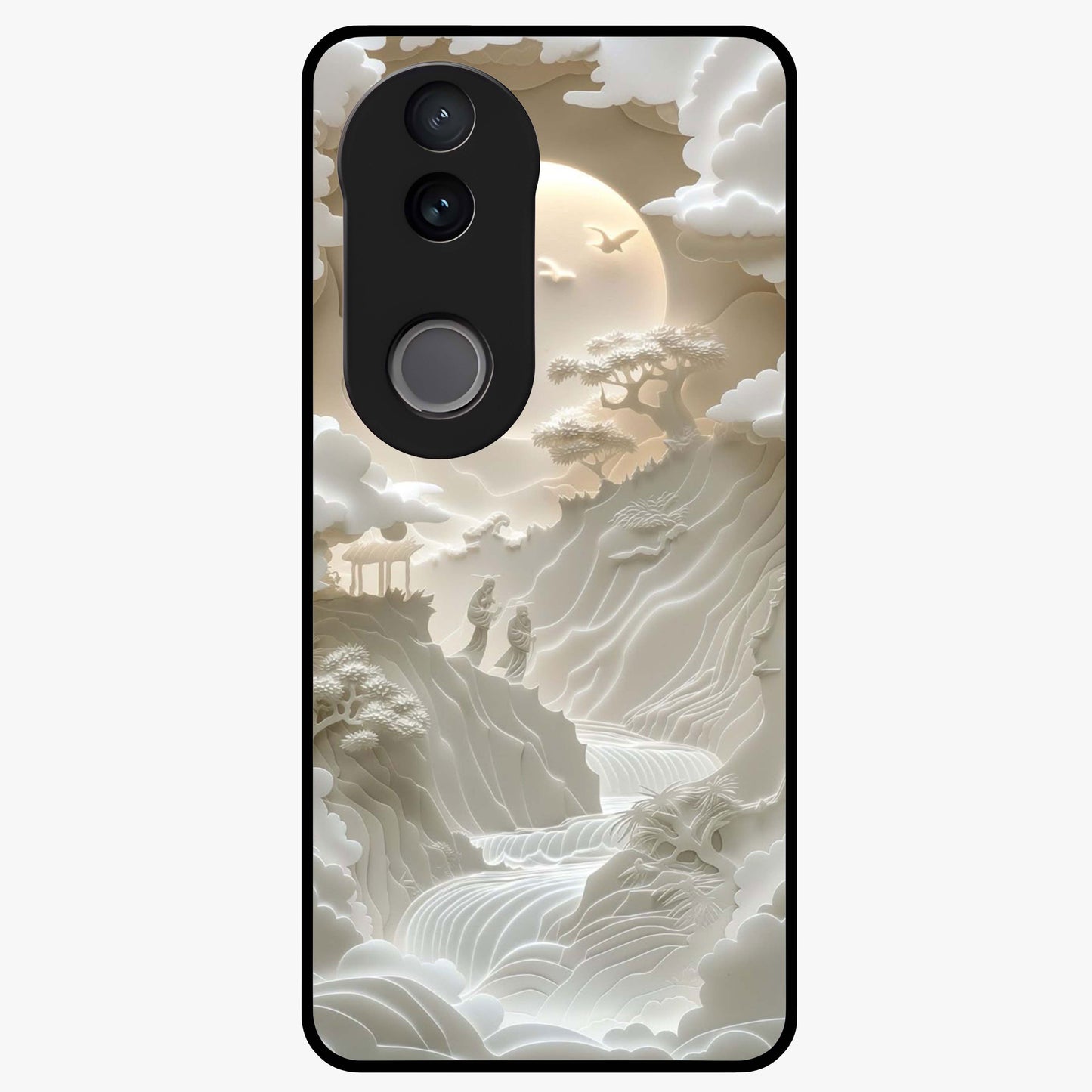 Celestial Origami Glass Case showing flat back view with artistic origami inspired celestial artwork and glossy glass finish.