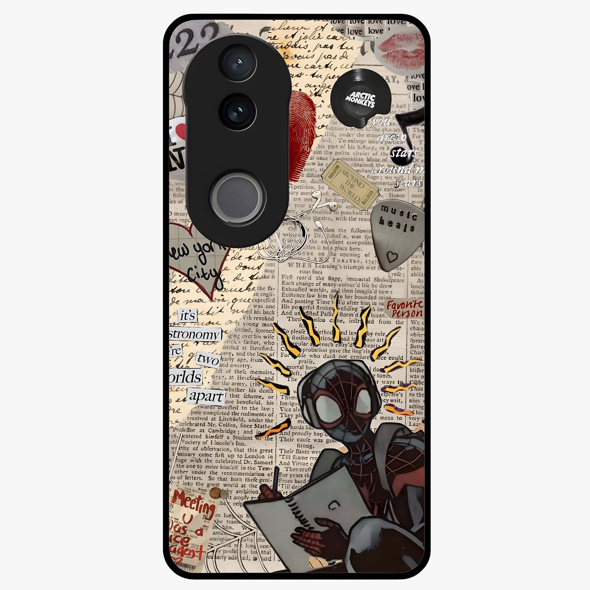City Dream Sketch Glass Case showing flat back view with artistic city skyline sketch artwork and glossy glass finish.